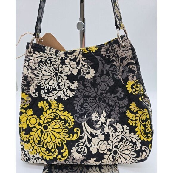 Vera Bradley Quilted Shoulder Bag & Matching Wallet - Floral Black/Yellow/Gray - Picture 1 of 8